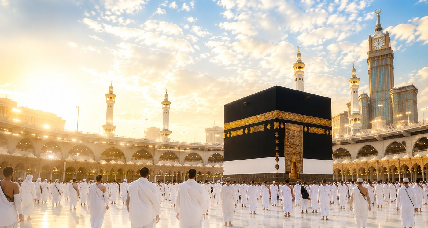 Pèlerins en ihram autour de la Kaaba, à La Mecque
